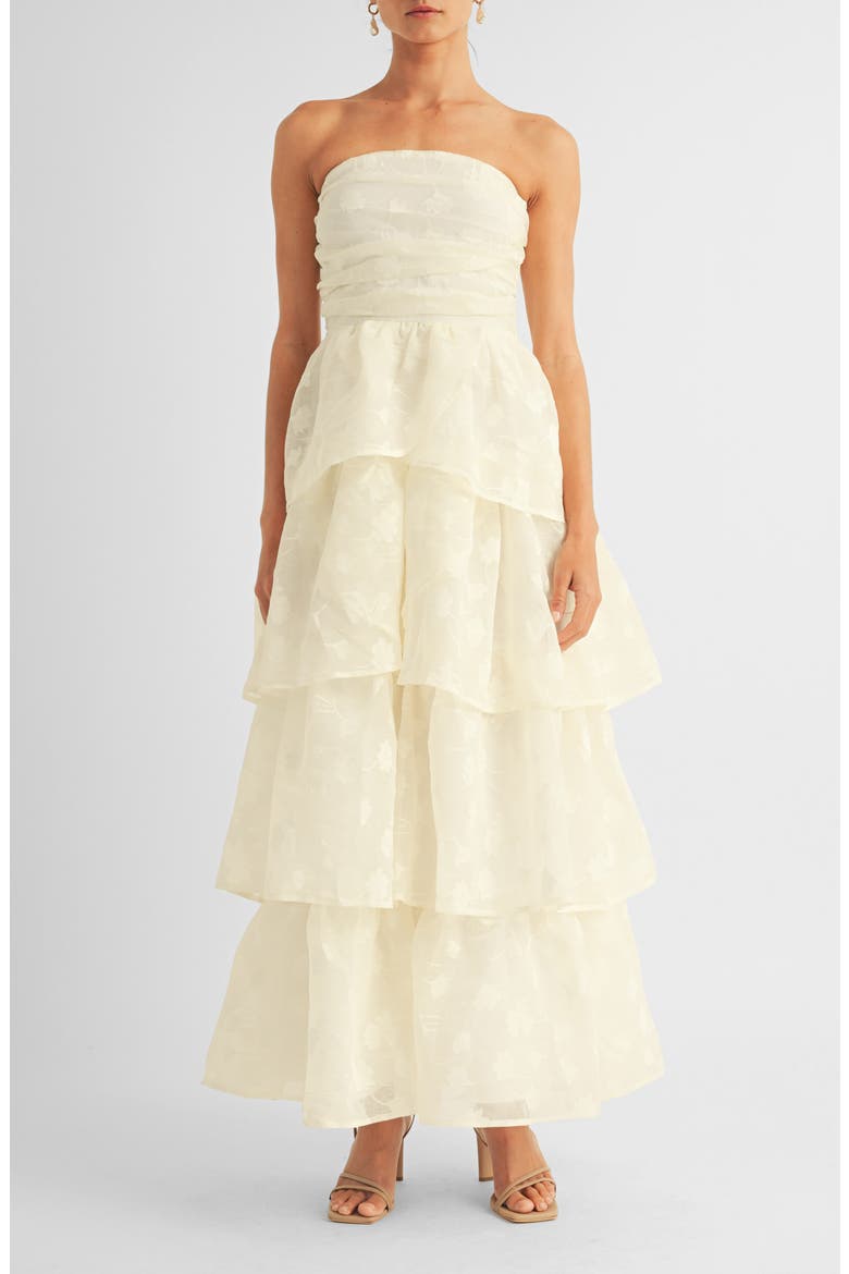 Milan Floral Jaquard Strapless Tiered Gown, Main, color, CREAM