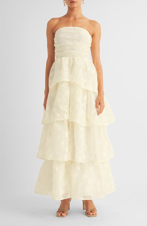 Arose Studio Milan Floral Jaquard Strapless Tiered Gown In White