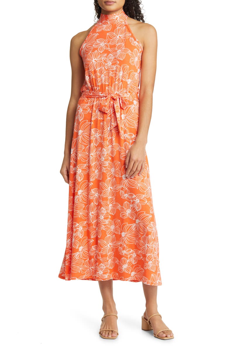 Loveappella Floral Tie Waist Halter Knit Maxi Dress, Main, color, Tangerine