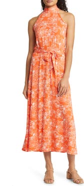 Loveappella Floral Tie Waist Halter Knit Maxi Dress