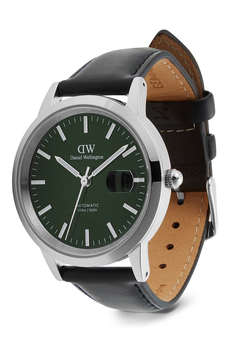Iconic Automatic Leather Strap Watch, 40mm, Alternate, color, SILVER