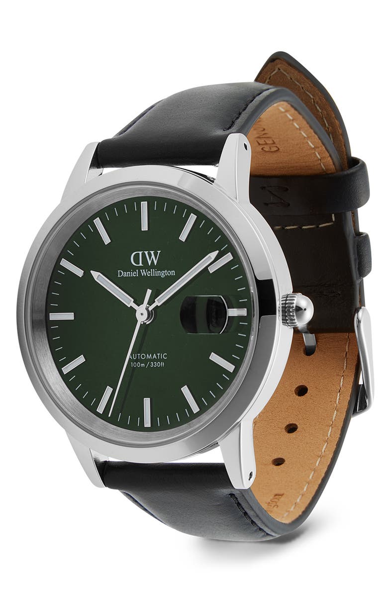 Daniel Wellington Iconic Automatic Leather Strap Watch, 40mm, Alternate, color, Silver