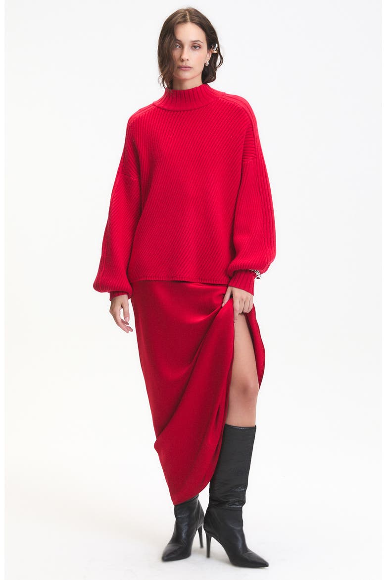 Nelson Balloon Sleeve Rib Mock Neck Sweater, Alternate, color, RED