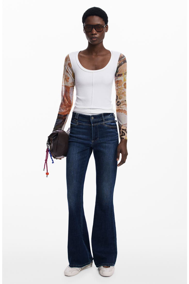 Mesh Sleeve Scoop Neck Rib Top, Alternate, color, LIGHT BEIGE