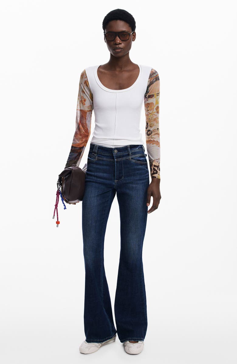 Desigual Mesh Sleeve Scoop Neck Rib Top, Alternate, color, Light Beige