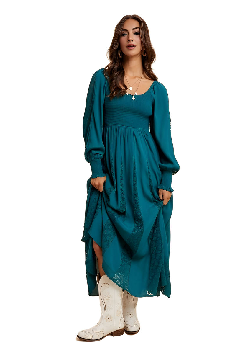 Knit and Lounge Long Sleeve Maxi Dress with Smocked Bodice and Lace Insets, Alternate, color, Teal