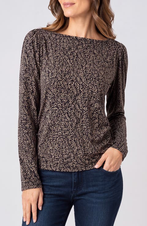 Print Knit Boat Neck Top
