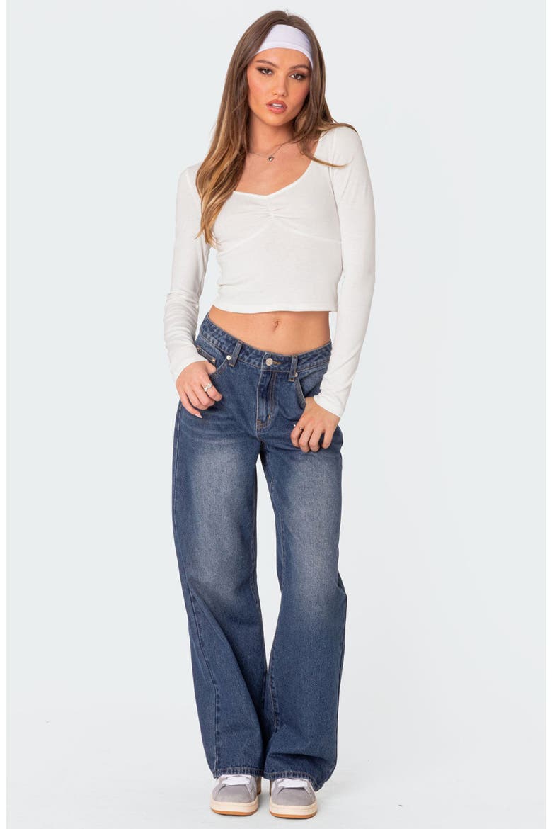 Nat Ruched V-Neck Long Sleeve Crop Top, Alternate, color, WHITE