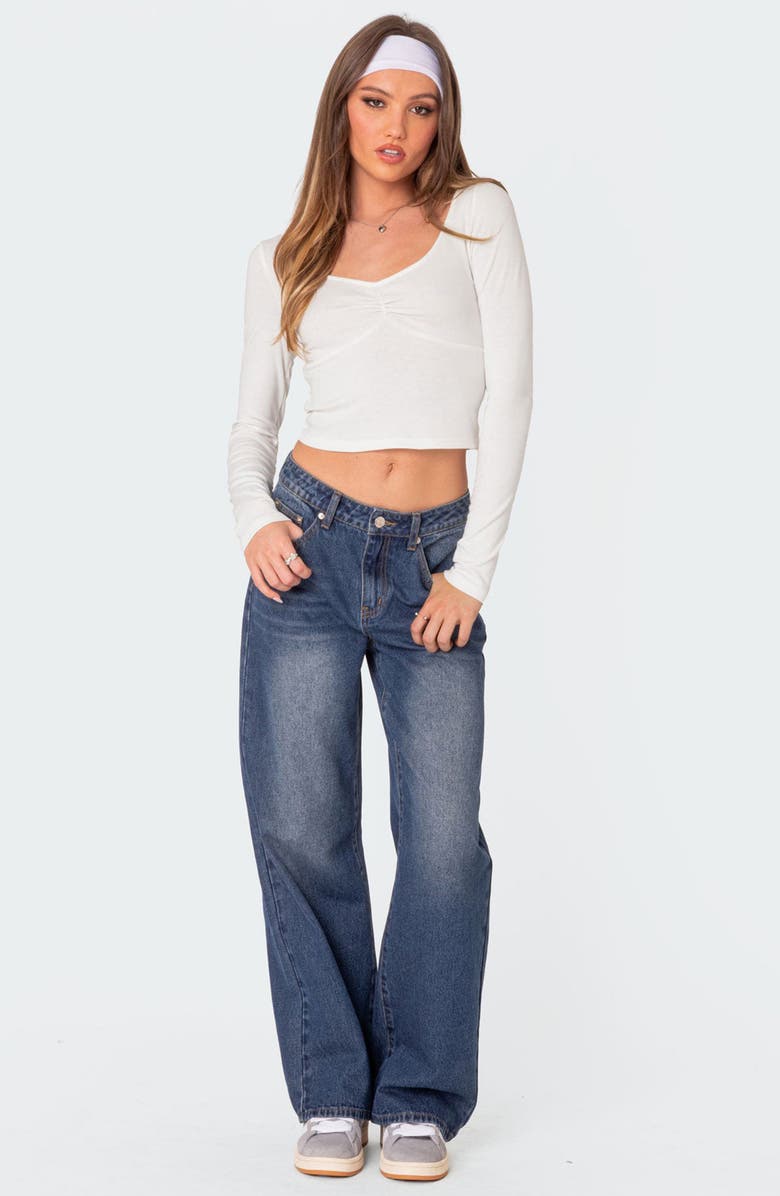 EDIKTED Nat Ruched V-Neck Long Sleeve Crop Top, Alternate, color, White