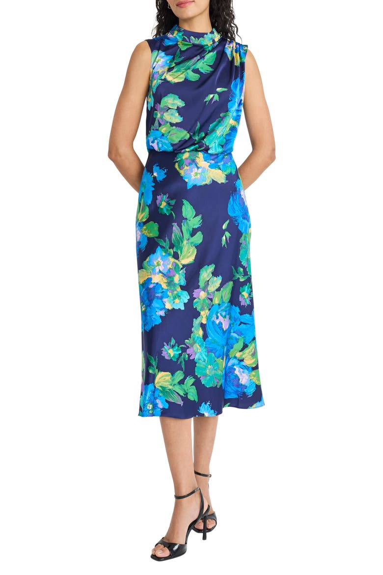 Floral Charmeuse Midi Dress, Main, color, NAVY/ BLUE