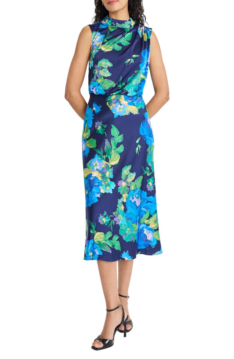 Maggy London Floral Charmeuse Midi Dress, Main, color, Navy/ Blue
