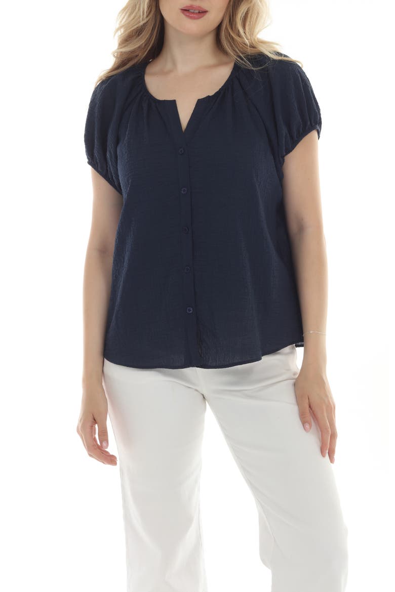 Button Front Short Sleeve Top, Main, color, NAVY