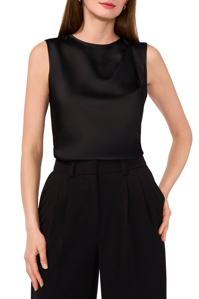 Single Pleat Sleeveless Satin Shell, Main, color, RICH BLACK 060