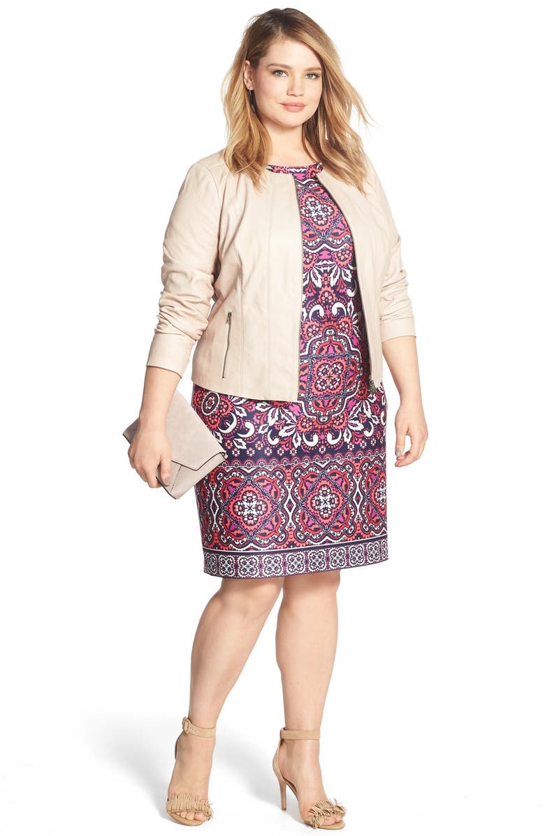 Eliza J Border Print Ponte Shift Dress, Alternate, color, Pink/ Navy Multi