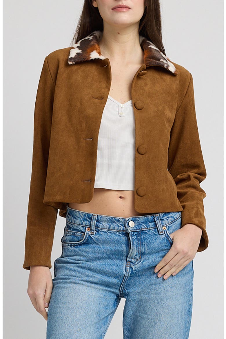 Yumi Faux Suede Jacket with Faux Fur Collar, Main, color, BROWN MULTI