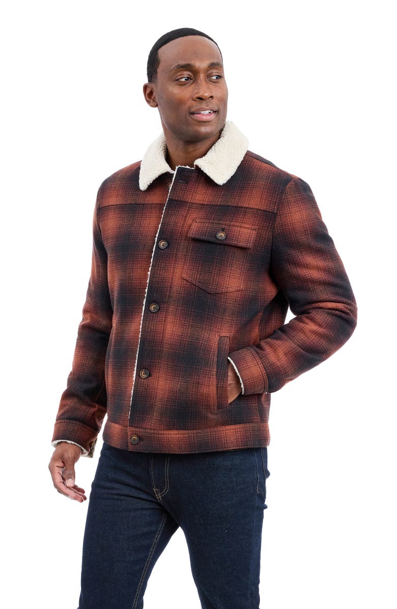 Lucky Brand Plaid Faux Shearling Lined Trucker Jacket, Alternate, color, Brown Plaid