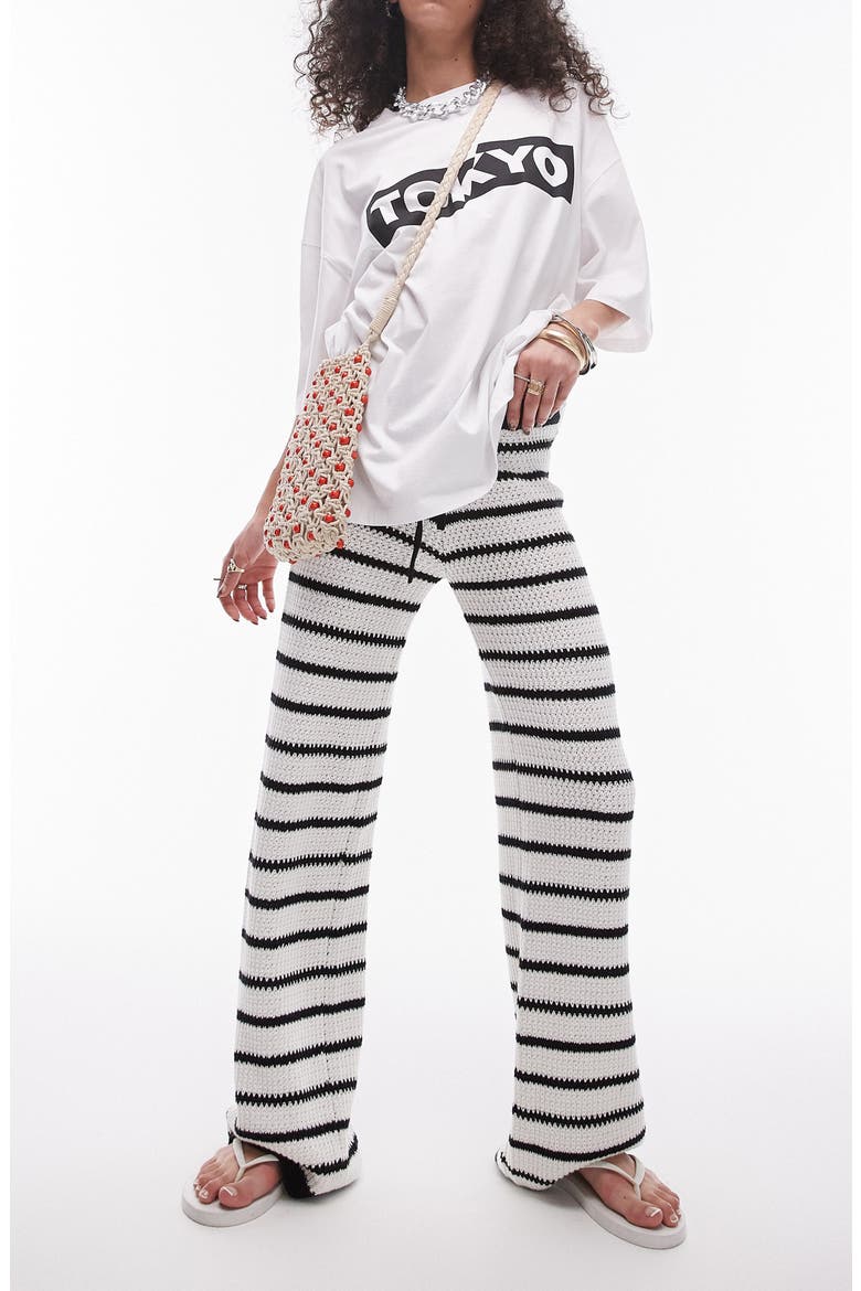 Stripe Open Stitch Knit Drawstring Pants, Alternate, color, WHITE MULTI