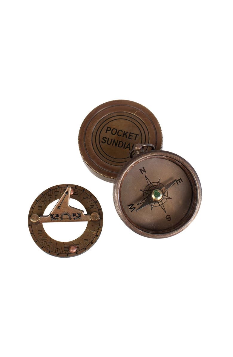 Ten Thousand Villages Pocket Compass & Sundial, Alternate, color, Brass