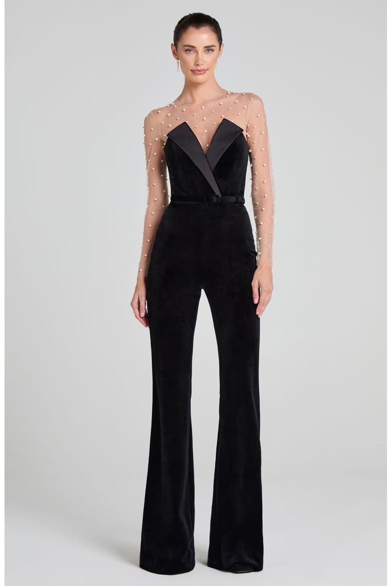 Vanessa Strapless Belted Velvet Flare Jumpsuit, Alternate, color, BLACK