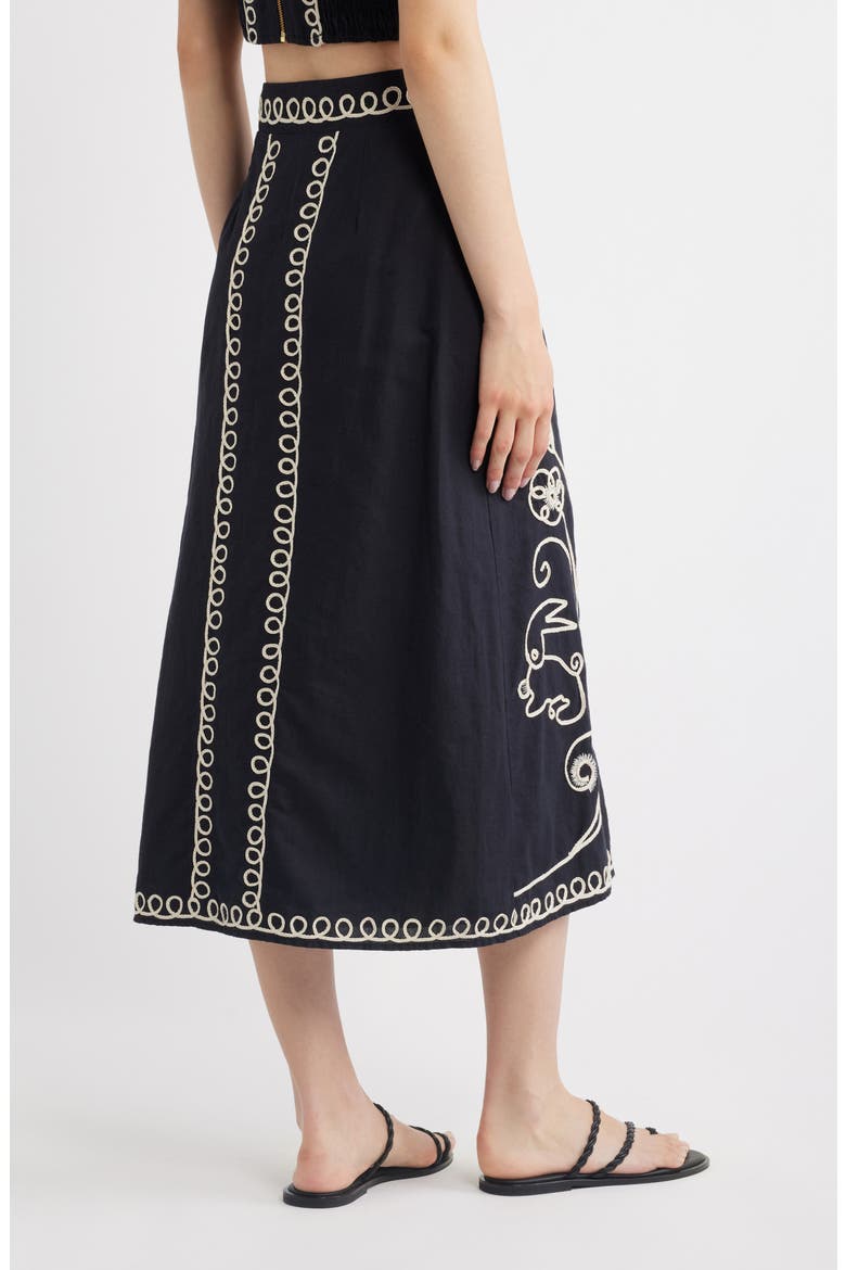 Sorina Embroidered Cotton & Linen Midi Skirt, Alternate, color, BLACK