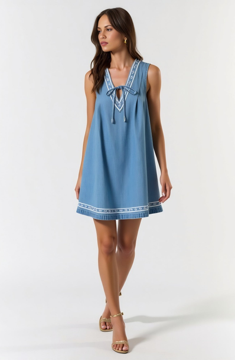 Modenaire Sleeveless Mini Dress with Embroidered Trim and Tie Front Detail, Alternate, color, Blue