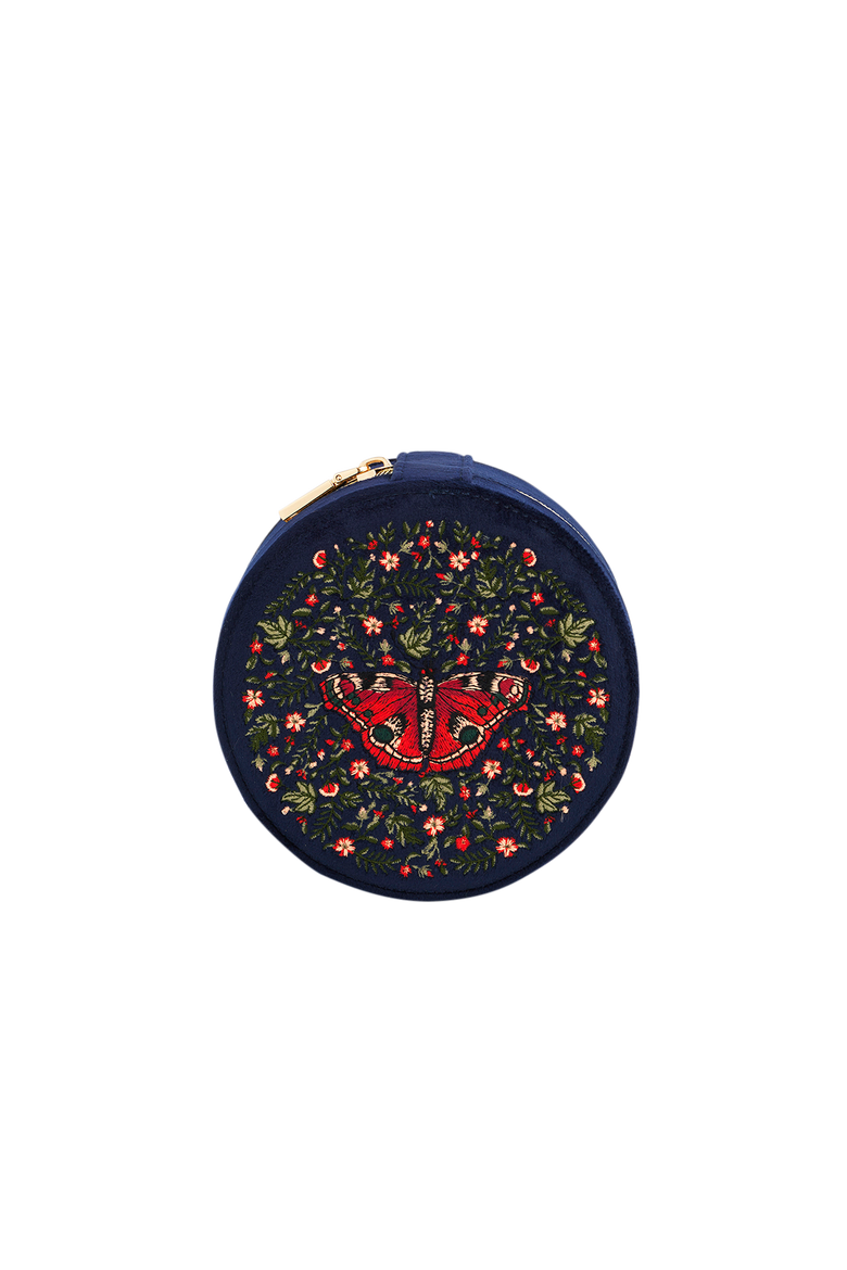 Butterfly Velvet Embroidered Circle Jewellery Box, Main, color, Navy