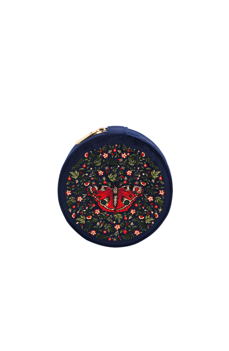 Fable England Butterfly Velvet Embroidered Circle Jewellery Box, Main, color, Navy