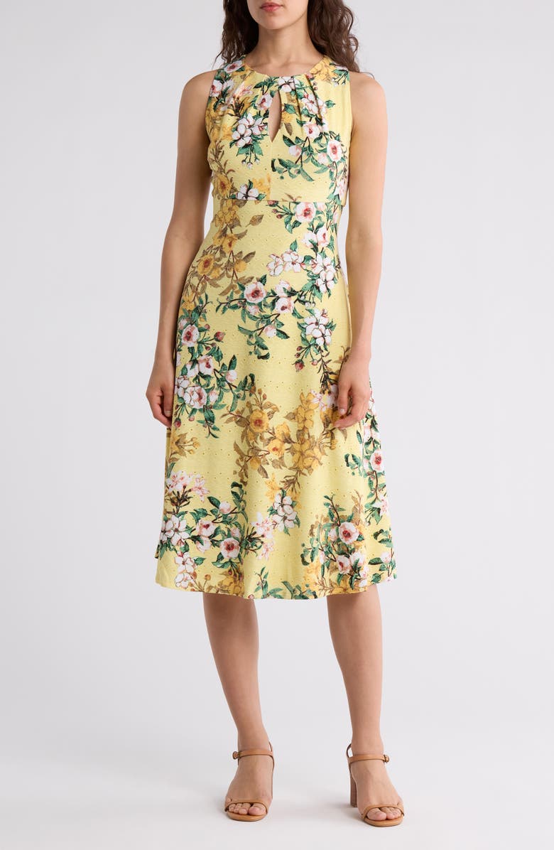 London Times Floral Sleeveless Embroidered Eyelet Jersey Midi Dress, Main, color,