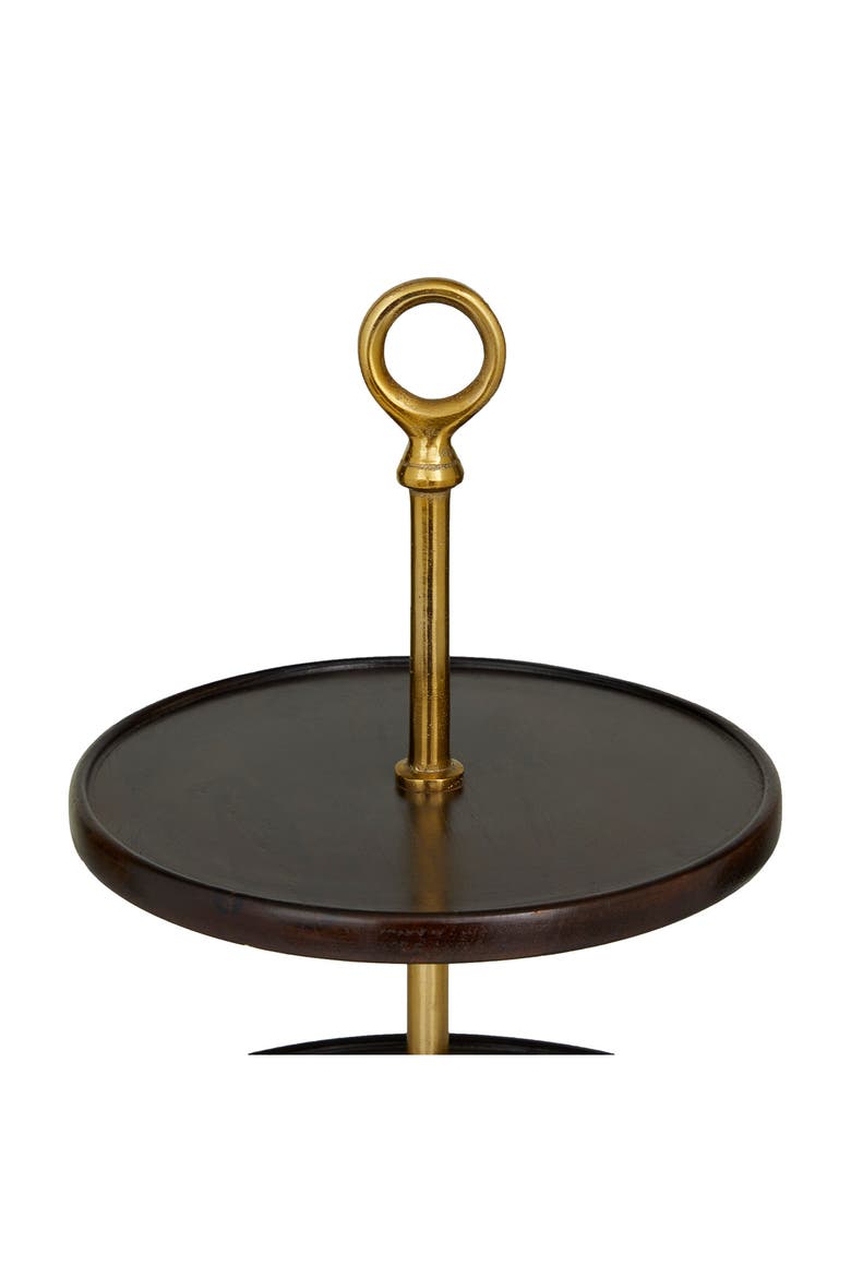 Dark Brown Mango Wood 2-Level Tiered Server with Goldtone Stand, Alternate, color, BROWN