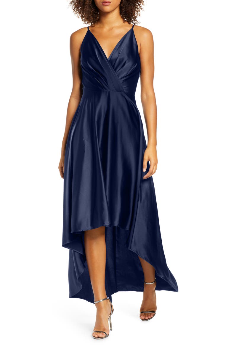Katherine Surplice High/Low Satin Gown, Main, color, NAVY