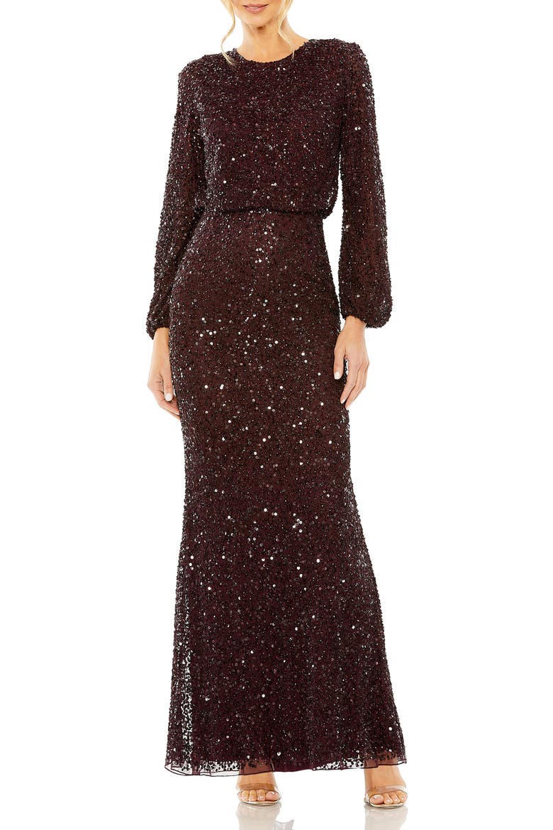 High Neck Long Sleeve Beaded Blouson Gown, Main, color, Blackberry
