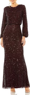 Mac Duggal High Neck Long Sleeve Beaded Blouson Gown