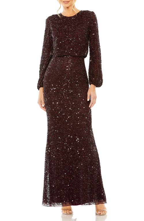 Mac Duggal High Neck Long Sleeve Beaded Blouson Gown In Brown