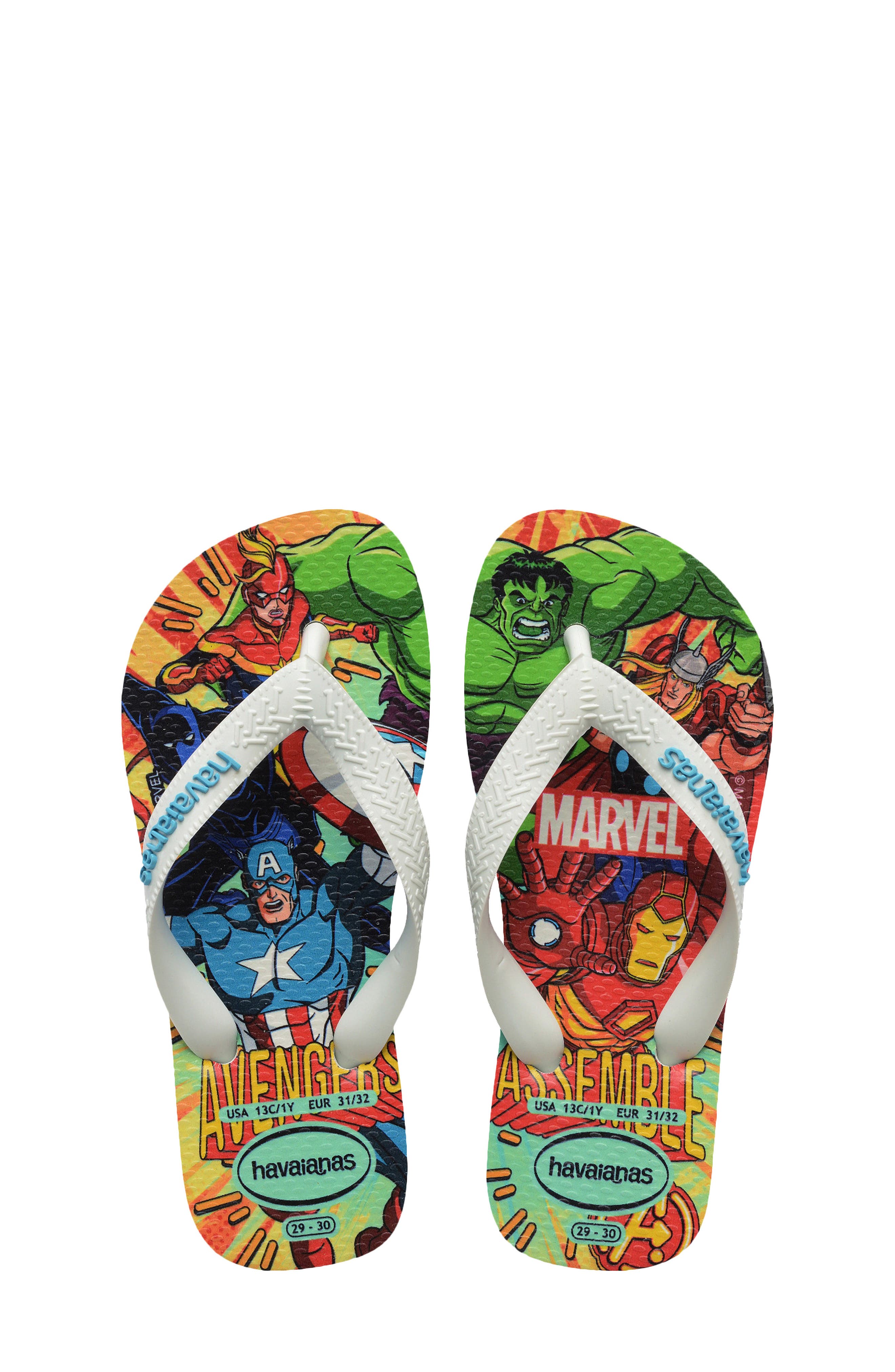 Havaianas Kids' Marvel Flip Flop, Main, color, White/White/Blue