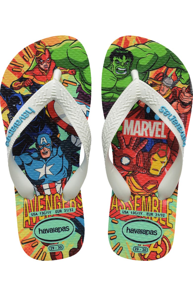 Havaianas Kids' Marvel Flip Flop, Main, color, White/White/Blue