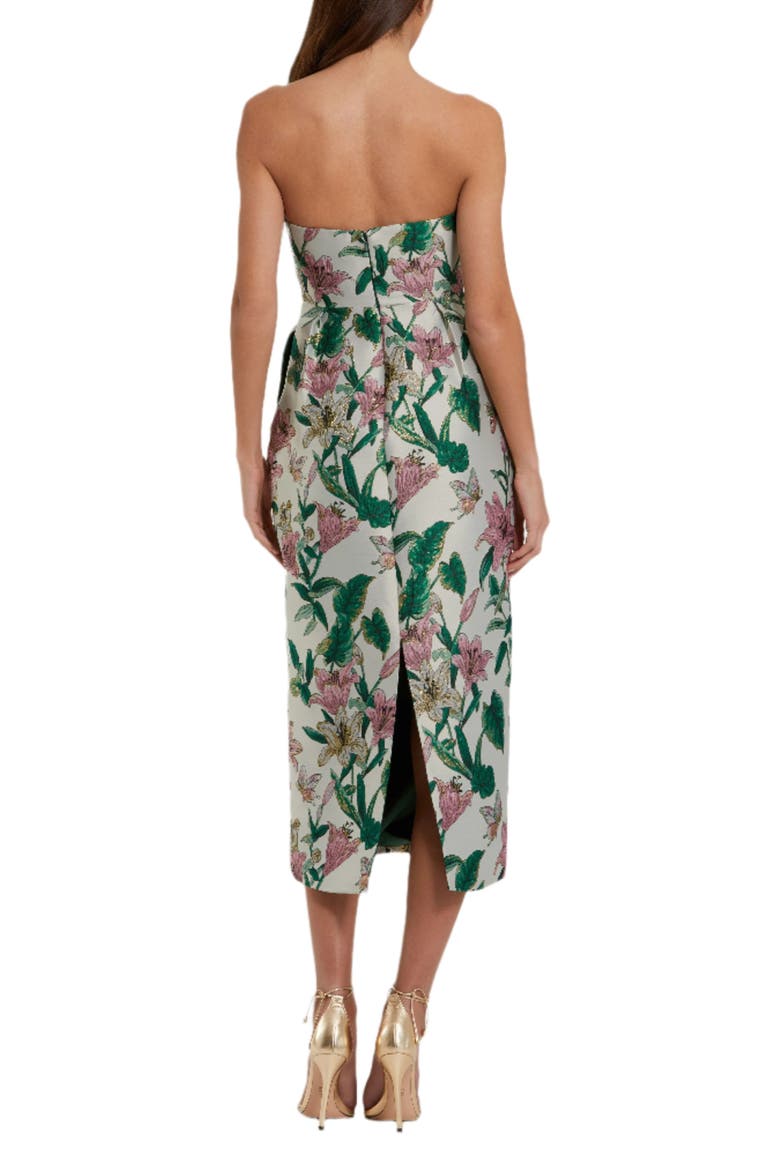 Women's Floral Brocade Strapless Fitted Midi Dress, Alternate, color, Lily