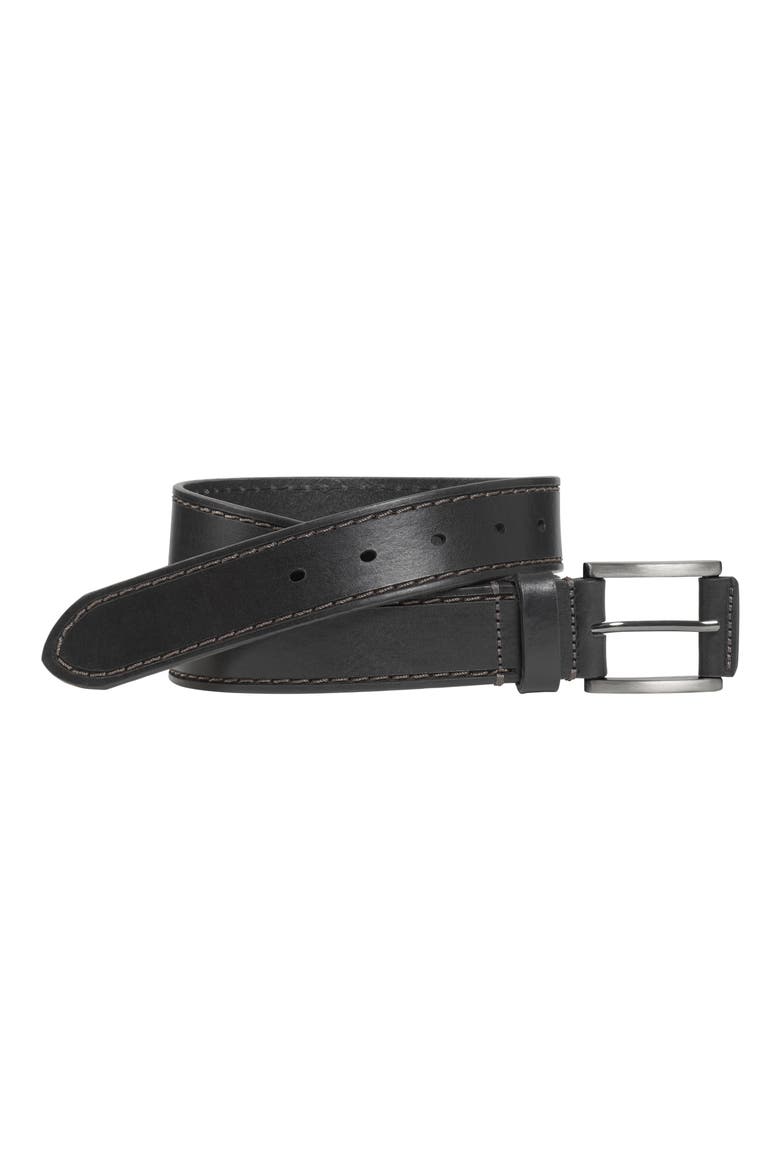 Laser Topstitched Leather Belt, Main, color, BLACK
