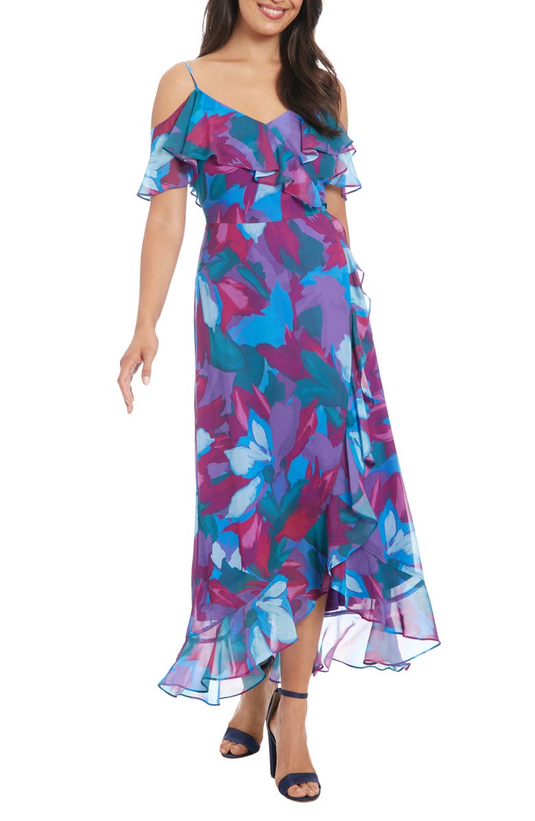 London Times Cold Shoulder Ruffle Maxi Dress, Main, color, Blue/ Jade