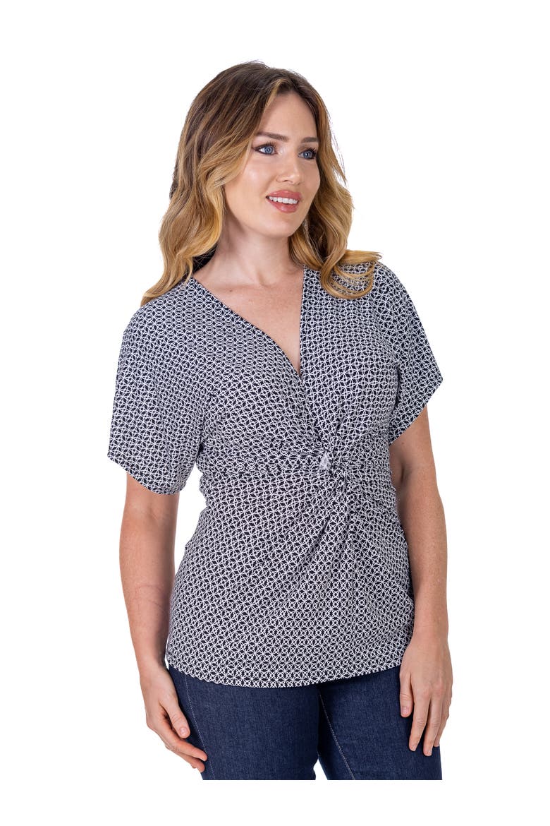 Petites V-Neck Geometric Print Knot Front Cap Sleeve Top, Alternate, color, Black Multi