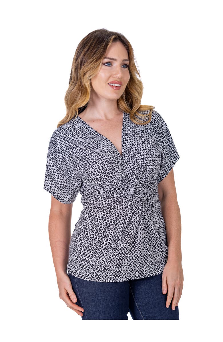 24seven Comfort Apparel Petites V-Neck Geometric Print Knot Front Cap Sleeve Top, Alternate, color, Black Multi