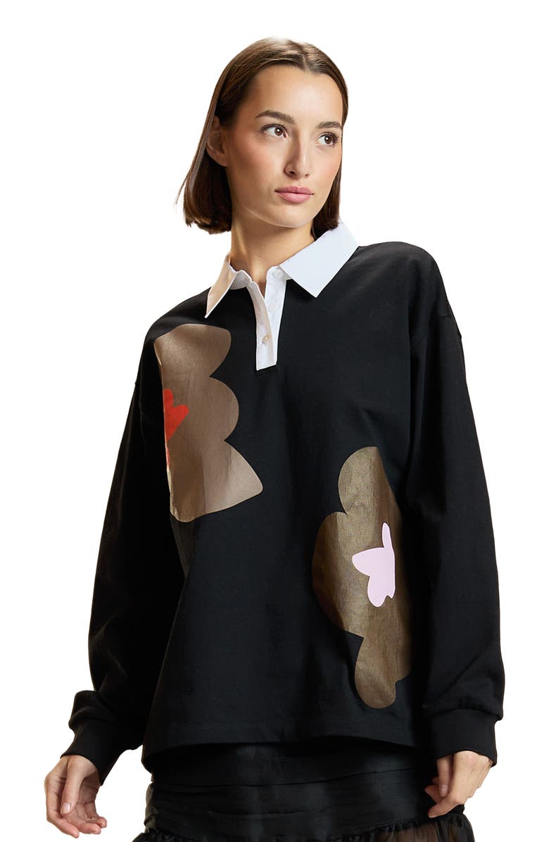 Cynthia Rowley Printed Cotton Rugby Shirt, Main, color, Black