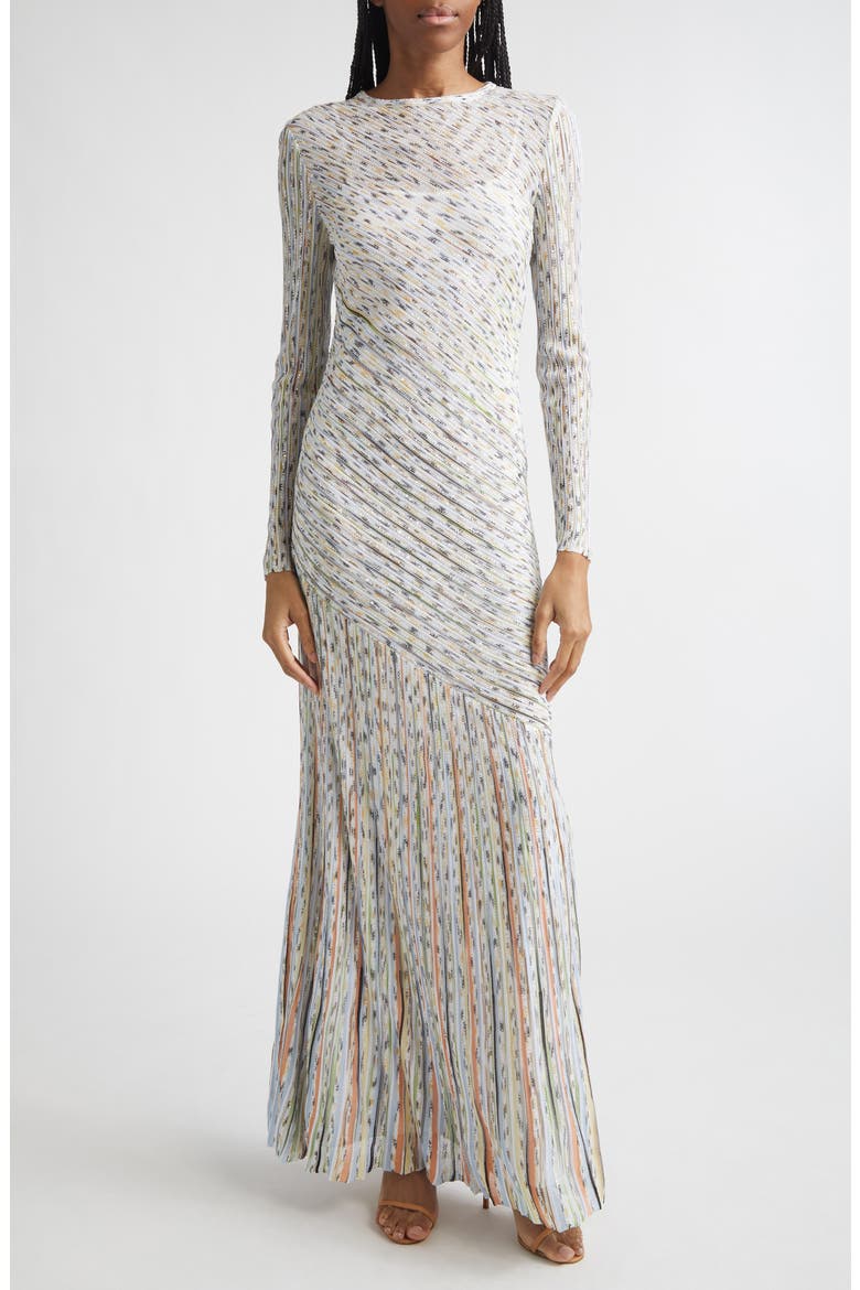 Draped Effect Rib Long Sleeve Maxi Dress, Main, color, LIGHT BS ORANGE GREEN TINSEL