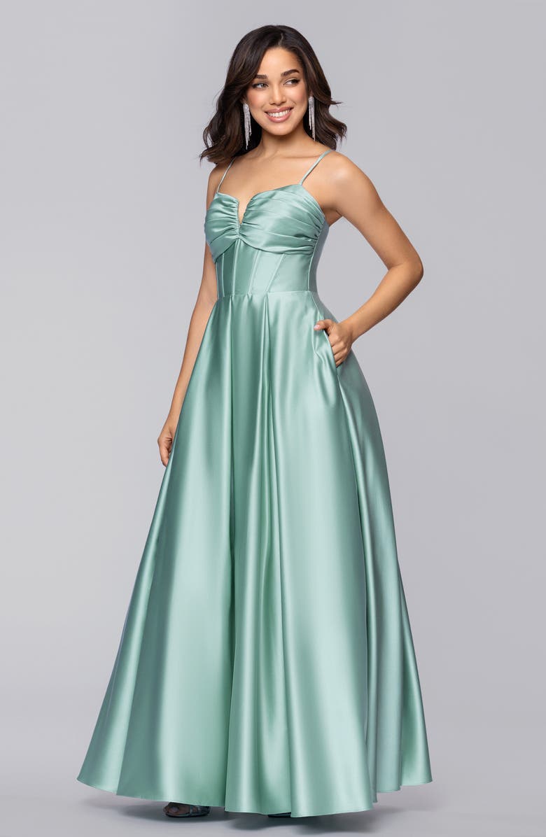 Blondie Nites Notch Neck Satin Ballgown, Alternate, color, Seafoam