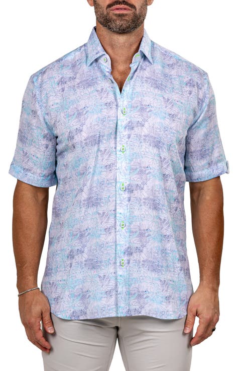 Galileo Marthyr0237 White Floral Short Sleeve Button-Up Shirt