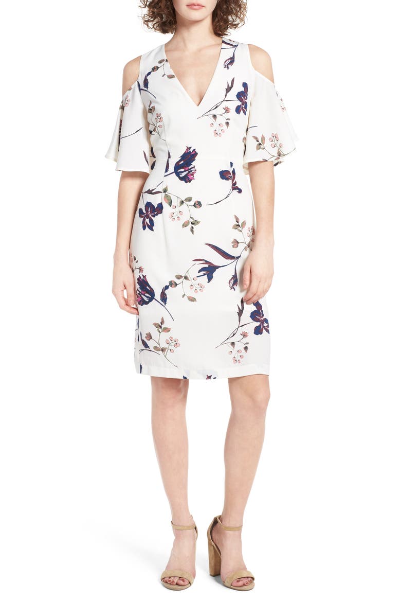 Flutter Sleeve Cold Shoulder Dress, Main, color, IVORY CLOUD MULTI FLORAL