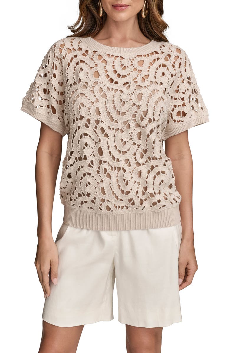 Donna Karan New York Drop Shoulder Crochet Short Sleeve Sweater, Main, color, 