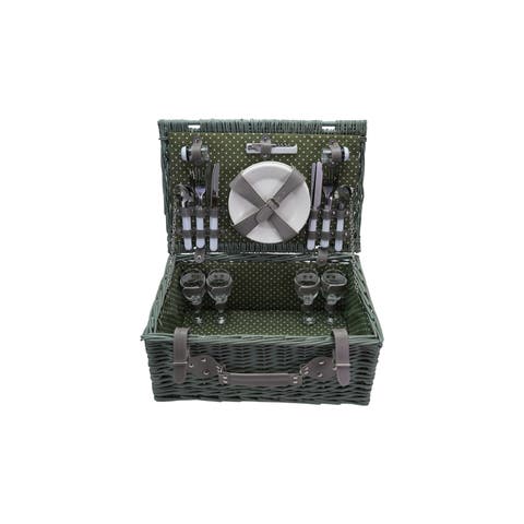 Woven Picnic Basket with 24 Items for 4 People, Green/Grey