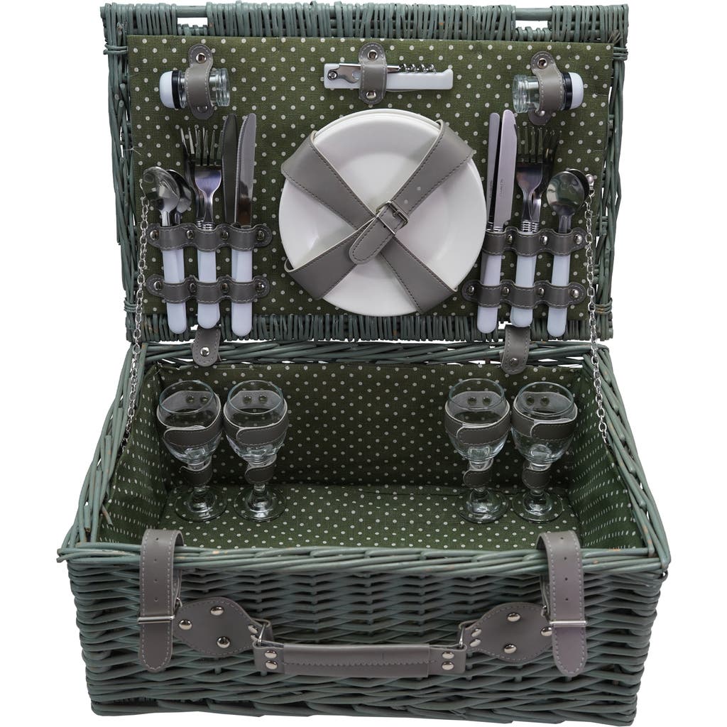 Storied Home Woven Picnic Basket With 24 Items For 4 People, Green/grey In Multi