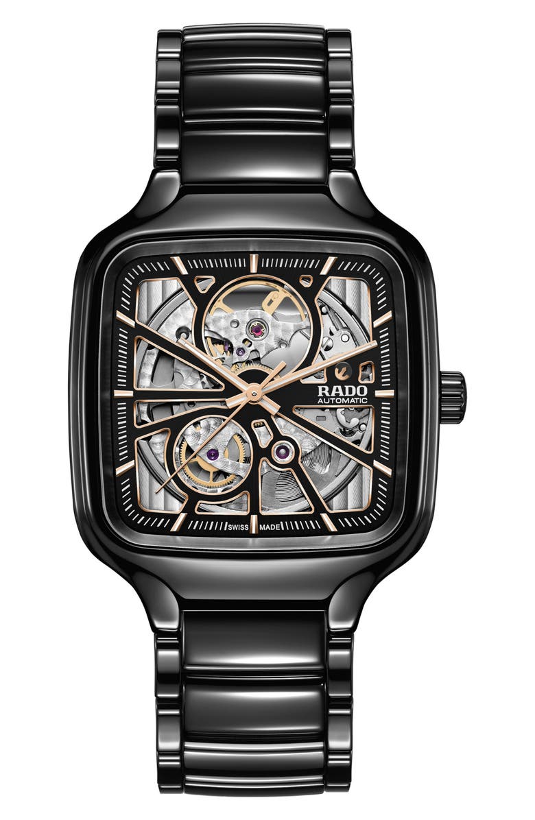 RADO True Square Automatic Open Heart Ceramic Bracelet Watch, 38mm, Main, color, Black Multi