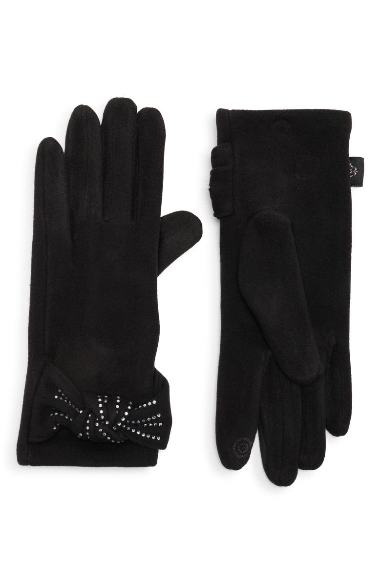Nanette Lepore Rhinestone Bow Faux Suede Gloves, Main, color, Black